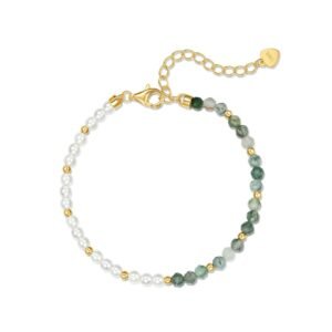 Natural watercress agate with pearl S925 silver bracelet green moss stone hand jewelry simple light luxury