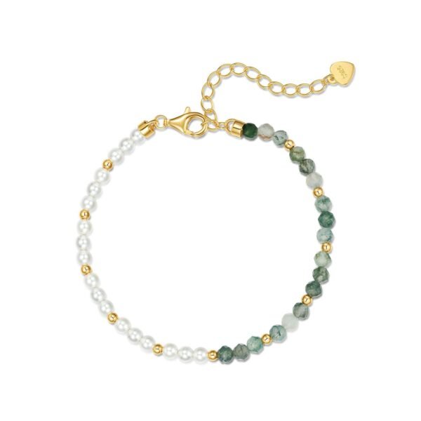 Natural watercress agate with pearl S925 silver bracelet green moss stone hand jewelry simple light luxury