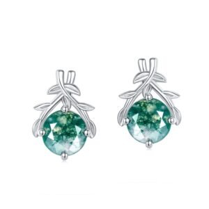 S925 Silver Green Moss Earrings for Women Olive Branch Watercress Agate Earrings