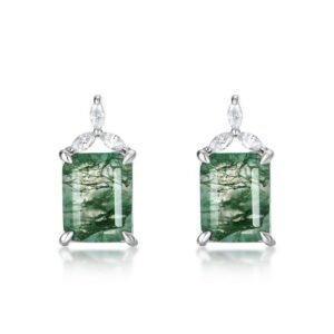 Geometric square natural watercress agate stone earrings female S925 silver with green moss stone earrings customized