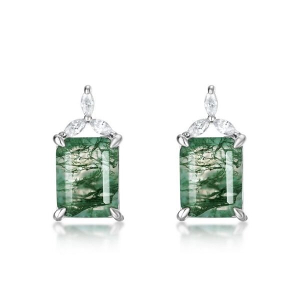 Geometric square natural watercress agate stone earrings female S925 silver with green moss stone earrings customized