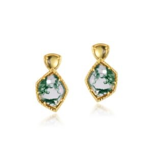 Geometric Green Moss Earrings S925 Silver Plated 10K Gold Watercress Agate Earrings Light Luxury Fashion