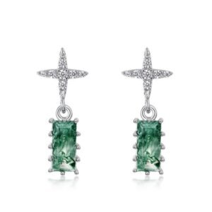 Cross asterisk watercress agate earrings women S925 silver with natural green moss stone stud earrings wind