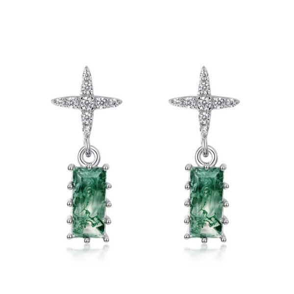 Cross asterisk watercress agate earrings women S925 silver with natural green moss stone stud earrings wind