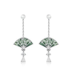 Ancient style small fan green moss earrings female S925 silver natural watercress agate earrings light luxury fashion