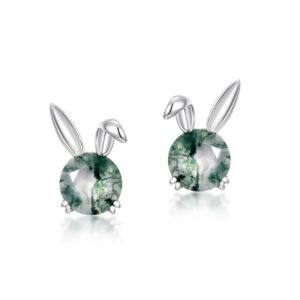Cute rabbit ears green moss earrings S925 silver inlaid watercress agate earrings fashion