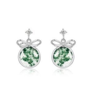 Disc bow green moss earrings S925 silver natural watercress agate earrings fashion simple style