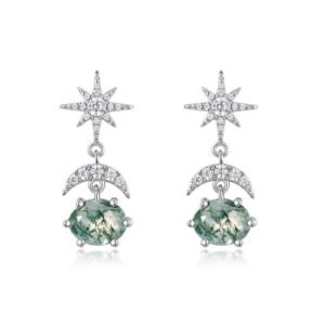 Sun and moon light luxury green moss earrings S925 silver inlaid watercress agate earrings fashion