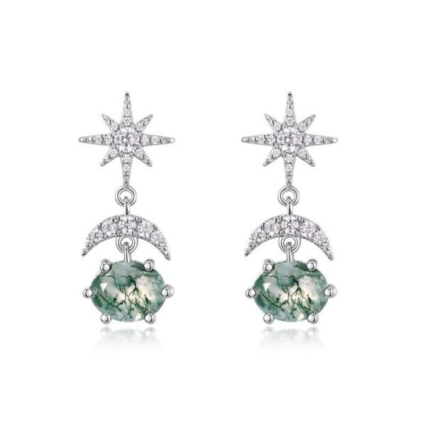 Sun and moon light luxury green moss earrings S925 silver inlaid watercress agate earrings fashion