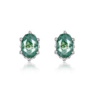 Egg-shaped natural watercress agate earrings S925 silver six claws set with green moss stone earrings simple and fashionable
