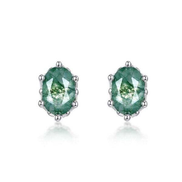 Egg-shaped natural watercress agate earrings S925 silver six claws set with green moss stone earrings simple and fashionable