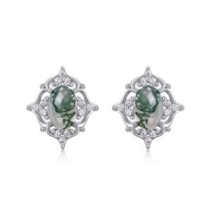 Section fashion light luxury egg surface natural green moss stone earrings S925 silver watercress agate earrings fresh personality