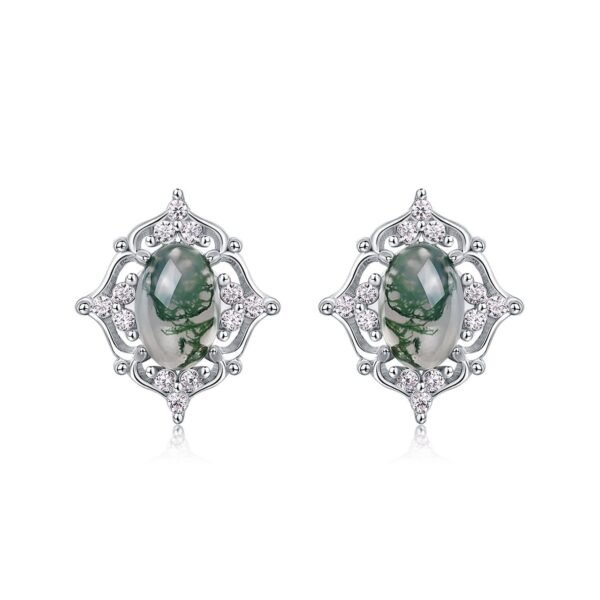 Section fashion light luxury egg surface natural green moss stone earrings S925 silver watercress agate earrings fresh personality