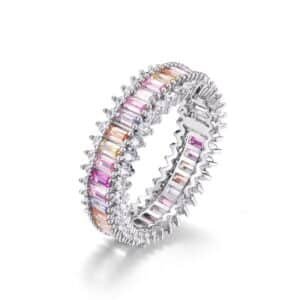 Rainbow zirconia ring S925 silver inlaid single row colorful treasure finger ring female simple fashion