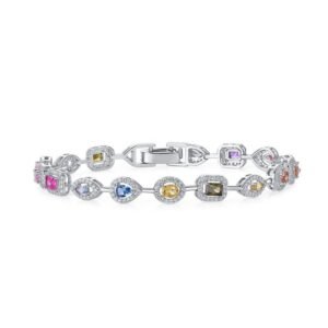 Geometric Design Rainbow Zirconia Bracelet Women's S925 Silver with Sparkling Multicolor Gemstone Hand Jewelry