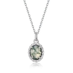 Simple natural watercress agate pendant necklace women S925 silver with green moss stone collarbone chain