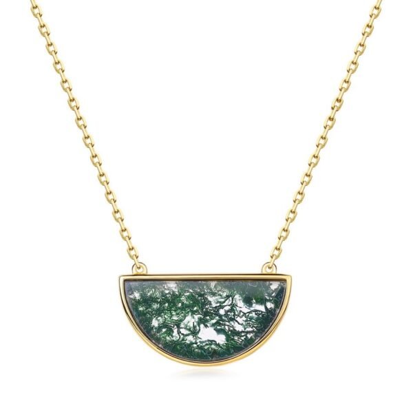 Exaggerated atmospheric half round green moss stone necklace S925 silver with natural watercress agate collarbone chain female