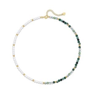 Beaded natural watercress agate necklace women S925 silver green moss stone white shell necklace vintage light luxury