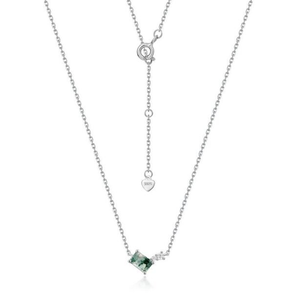 Geometric natural watercress agate necklace S925 silver green moss stone collarbone chain lightweight and versatile