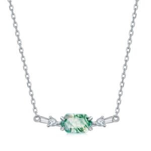 Geometric natural watercress agate necklace women S925 silver claw set green moss collarbone chain vintage