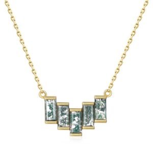 Rectangular V design green moss stone necklace S925 silver natural aqua agate collarbone chain customized