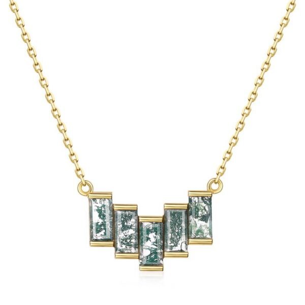 Rectangular V design green moss stone necklace S925 silver natural aqua agate collarbone chain customized