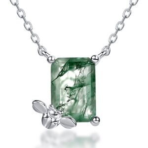 Model bee design natural green moss stone necklace S925 silver watercress agate collarbone chain light luxury