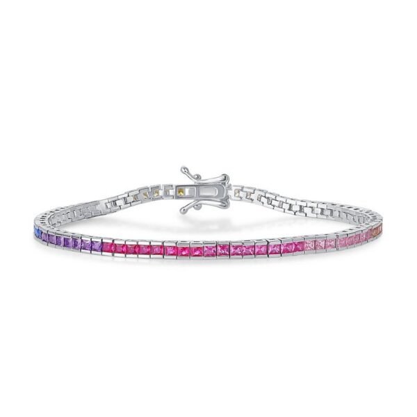 Wind hip-hop colored zirconia bracelet S925 silver with rainbow colored treasure square tennis chain simple light luxury trend