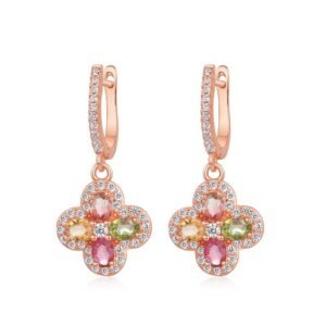 Summer fresh lucky four-leaf clover natural tourmaline earrings S925 silver plated 10K gold colored earrings light luxury