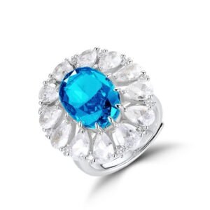 New S925 silver egg-shaped aquamarine ring ice flower cut high carbon diamond ring luxury fashion