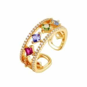 Double opening square colored zirconia ring female S925 silver with colored diamond index finger ring light luxury retro