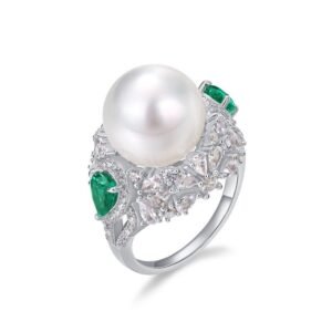 White shell beads ring S925 silver emerald color treasure finger ring light luxury retro noble temperament
