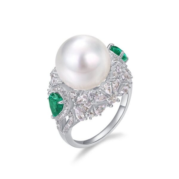 White shell beads ring S925 silver emerald color treasure finger ring light luxury retro noble temperament