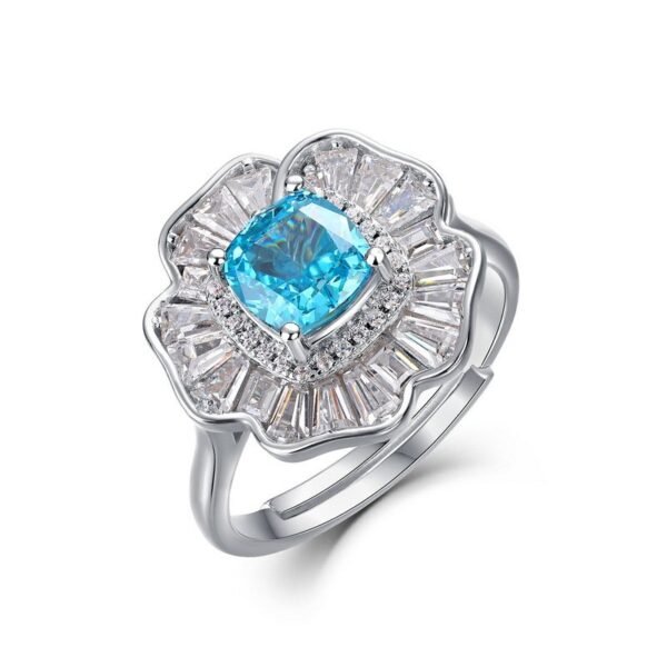 Sparkling colorful treasure flower ring S925 silver ice flower cut high carbon diamond open finger ring wind light luxury