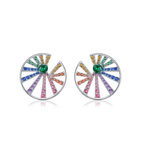 S925 silver rainbow round zirconia earrings female full set color zirconium fashion simple earrings exaggerated