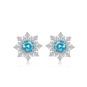 New S925 silver ice flower cut high carbon diamond earrings light sea blue earrings fashion style Jieyin same models