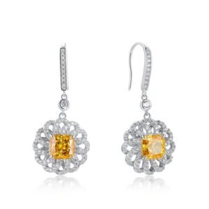 Yellow earrings square ice flower cut high carbon diamonds S925 silver light luxury beauty earrings