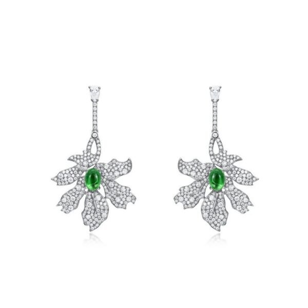 New summer heavy INS style green leaves earrings S925 silver full set white zirconium long earrings retro