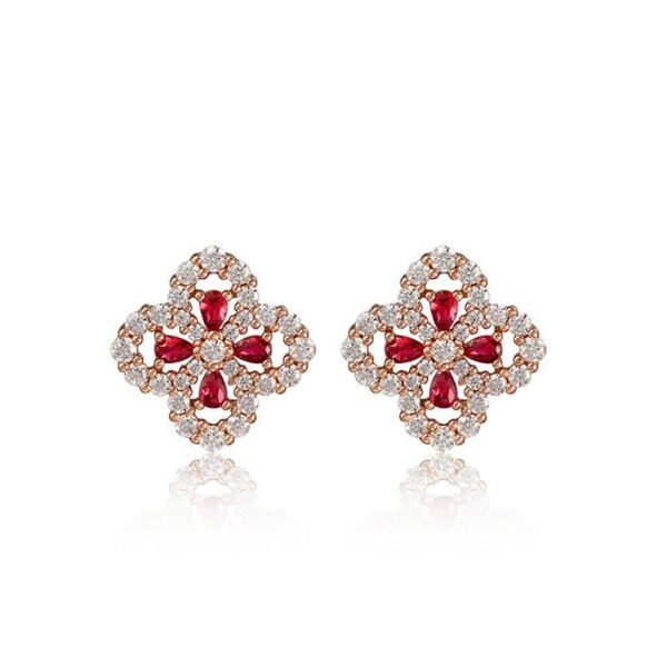 S925 silver four-leaf petal cultivation ruby earrings female full set colorful earrings fresh fashion