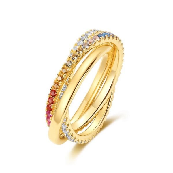 Light luxury fashion triple interlocking colored zirconium multi wear ring S925 silver with rainbow zirconium index finger ring customized