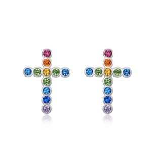Section summer fresh rainbow color zirconia cross earrings female S925 silver set color zirconia earrings hip-hop