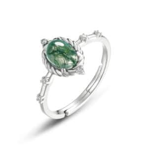 Section egg face summer natural watercress agate ring S925 silver green moss stone finger ring light luxury fresh and versatile
