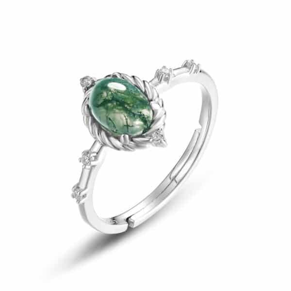 Section egg face summer natural watercress agate ring S925 silver green moss stone finger ring light luxury fresh and versatile