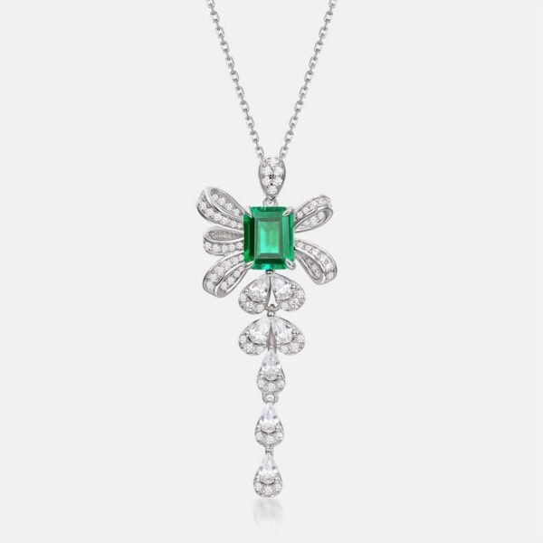 Bow Long Cultured Emerald Necklace S925 Silver with Cultured Colored Treasure Light Luxury Chain Breeze - Image 6