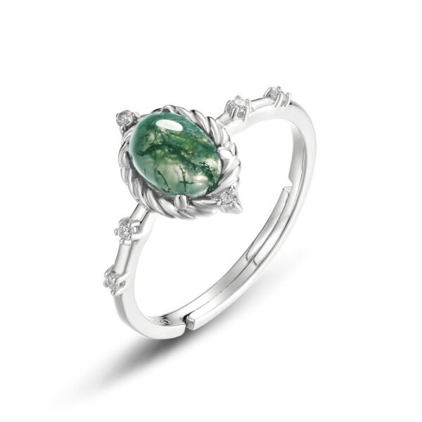 Section egg face summer natural watercress agate ring S925 silver green moss stone finger ring light luxury fresh and versatile - Image 5