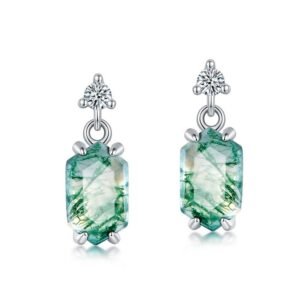 Natural watercress agate earrings S925 silver claw set green moss earrings retro light luxury fashion
