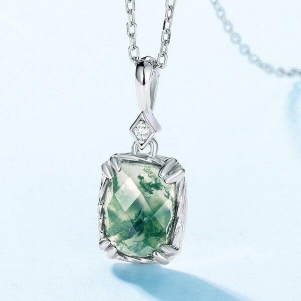 Lattice face natural watercress agate pendant necklace S925 silver green moss collarbone chain customized - Image 6