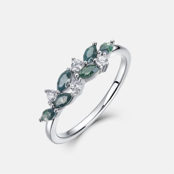 Section small fresh geometric leaves green moss stone ring S925 silver natural watercress agate index finger ring simple - Image 7