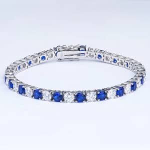 Premium Jewelry 925 Sterling Silver Rhodium Plated Round 4MM 6.5INCH Nano Sapphire Blue and Moissanite Tennis Chain Bracelet for Men