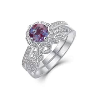 925 Sterling Silver Rhodium Plated With White Zirconia Round Lab Alexanderite Engagement Ring Set for Women